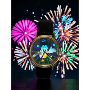 Vintage Lorus Mickey Mouse Watch Black Leather Band Holographic V515-8A00 WORKS!